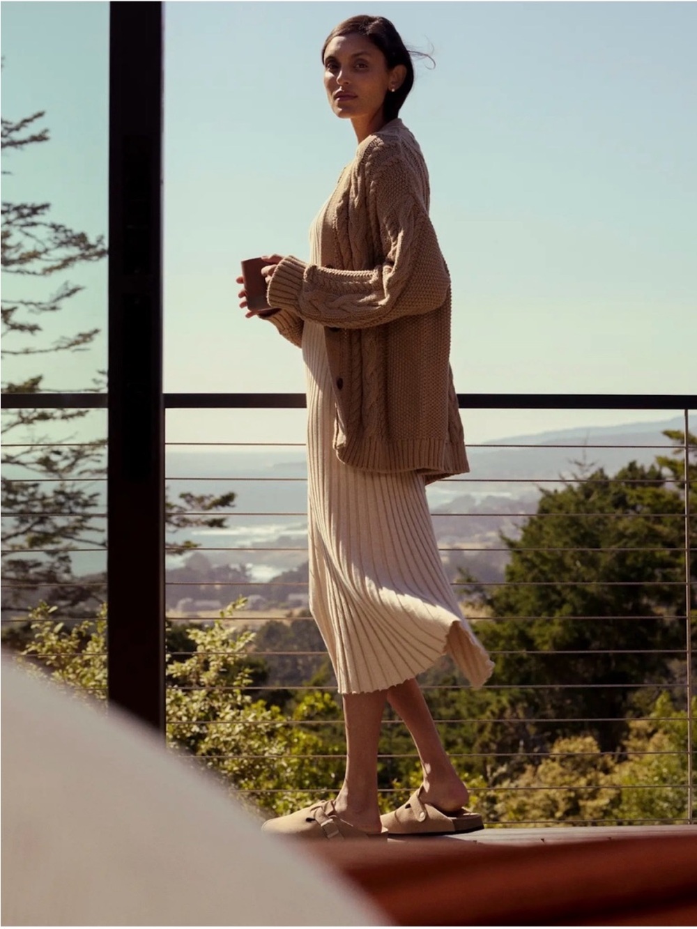 Quince Organic Cotton Oversized Cable Knit Cardigan Camel Brown Large